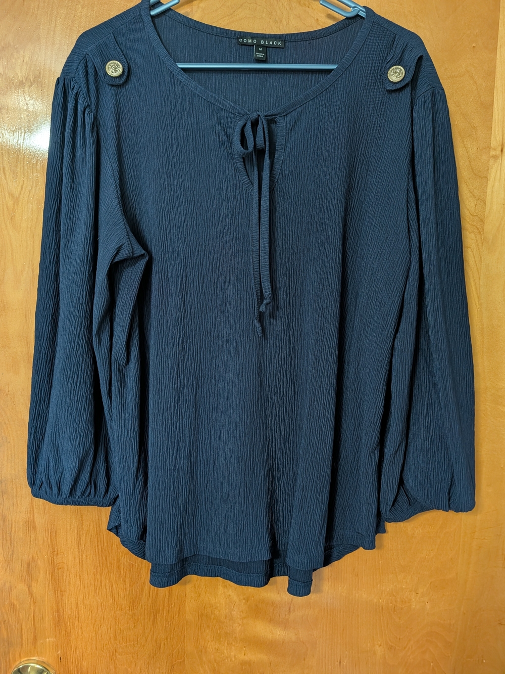 Como Black Navy Tie-Neck Long Sleeve Textured Blouse